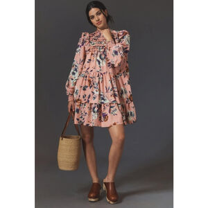 Anthropologie Long-Sleeve Floral Printed Tiered Smocked Mini Dress Pink Sz XL